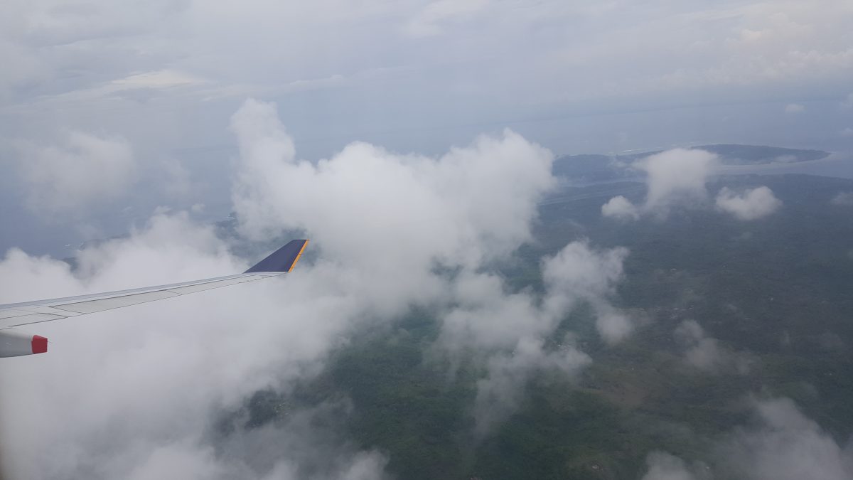 Flying over Bali, Indonesia, with Singapore Airlines.