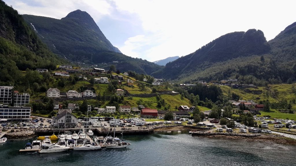 The village of Geiranger as seen from the deck of a cruise ship.