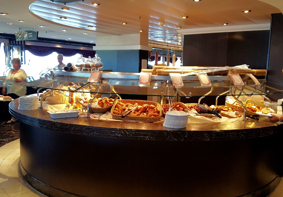 The breakfast buffet in the cafeteria on board the MSC Poesia.