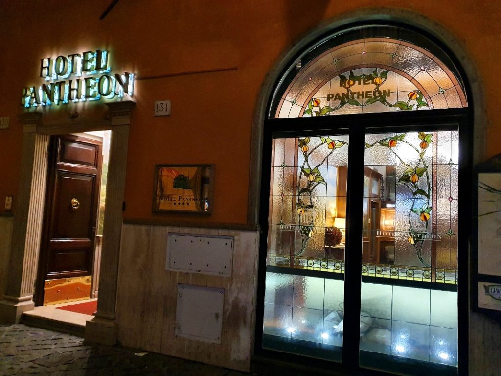 The entrance of Hotel Pantheon in Rome, Italy.